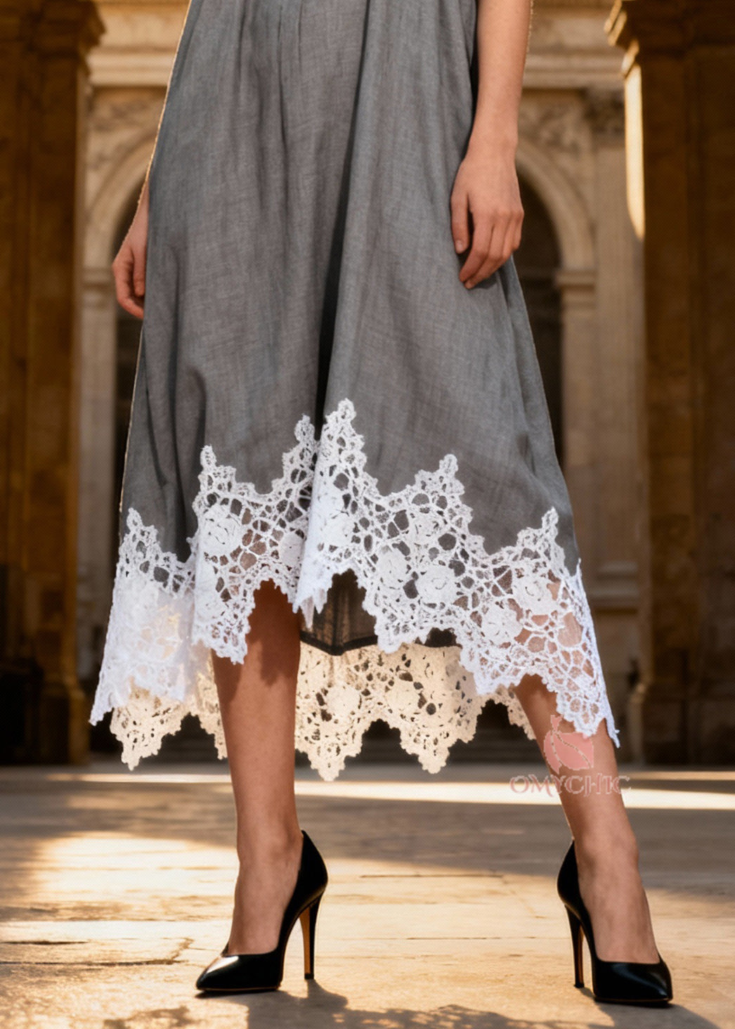 Original Design Grey Halter Lace Patchwork Long Dress Summer 4