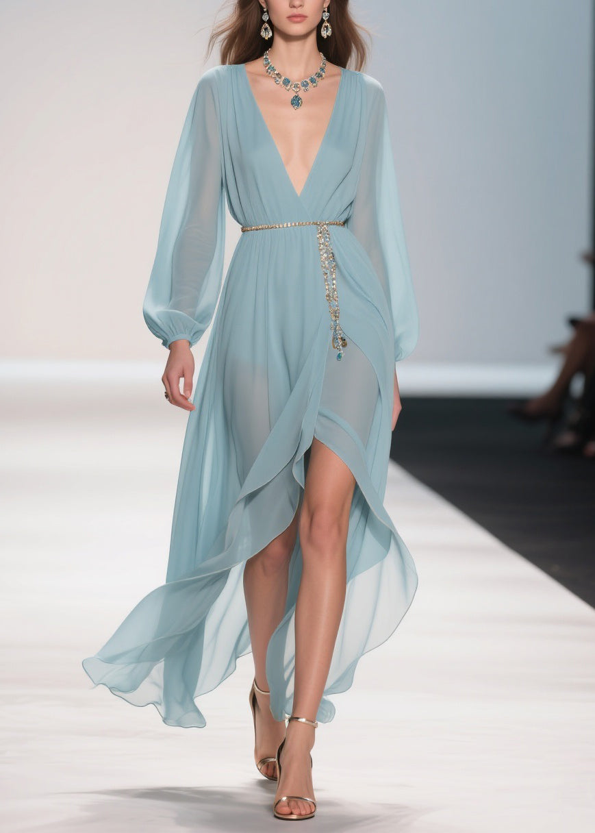 Chiffon Deep V-Neck Bishop Sleeve Chain Belt Wrap High Split Maxi Gown