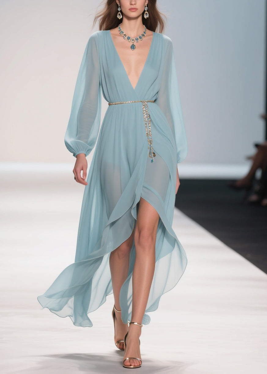 Chiffon Deep V-Neck Bishop Sleeve Chain Belt Wrap High Split Maxi Gown - View 5