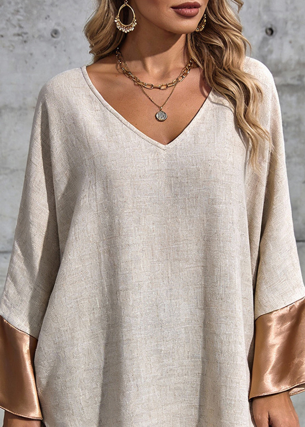 V-Neck Long Sleeve Satin Flare Cuff Rounded Hem Woven Shift Mini Dress