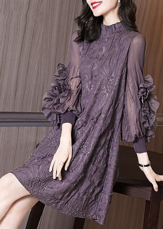 Original Design Purple Stand Collar Embroidered Nail Bead Silk Maxi Dress Long Sleeve