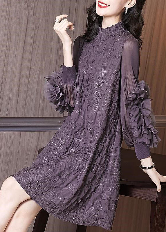 Ruffle Mock Neck Embroidered Beaded Sheer Lantern Sleeve Mini Dress 2