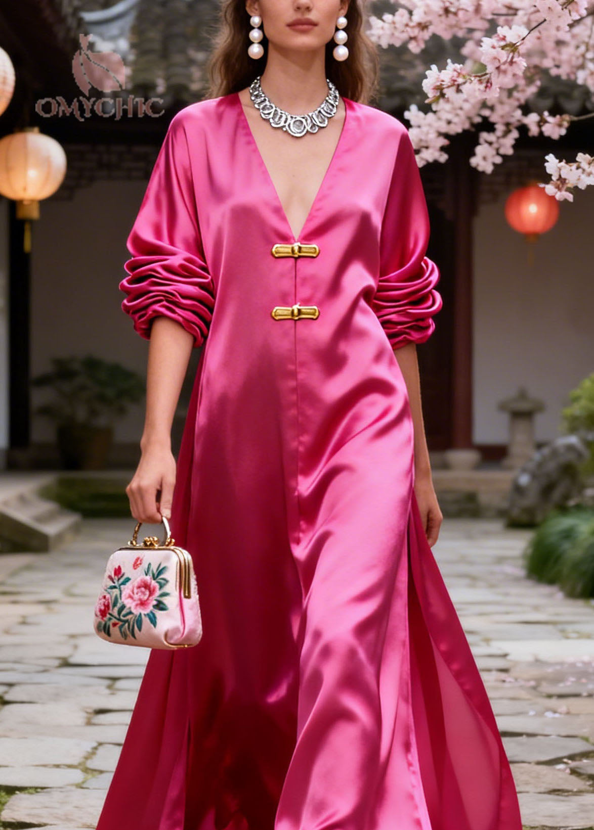 Satin V-Neck Ruched Long Sleeve Bar Closure High Split Maxi Gown