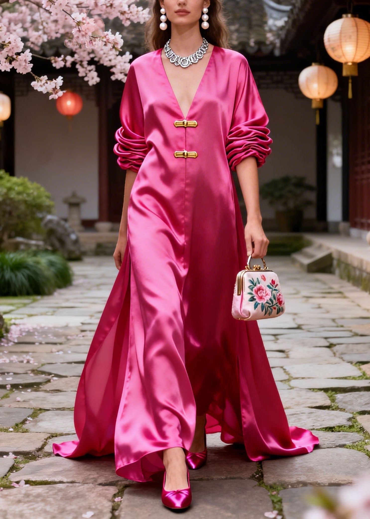 Satin V-Neck Ruched Long Sleeve Bar Closure High Split Maxi Gown