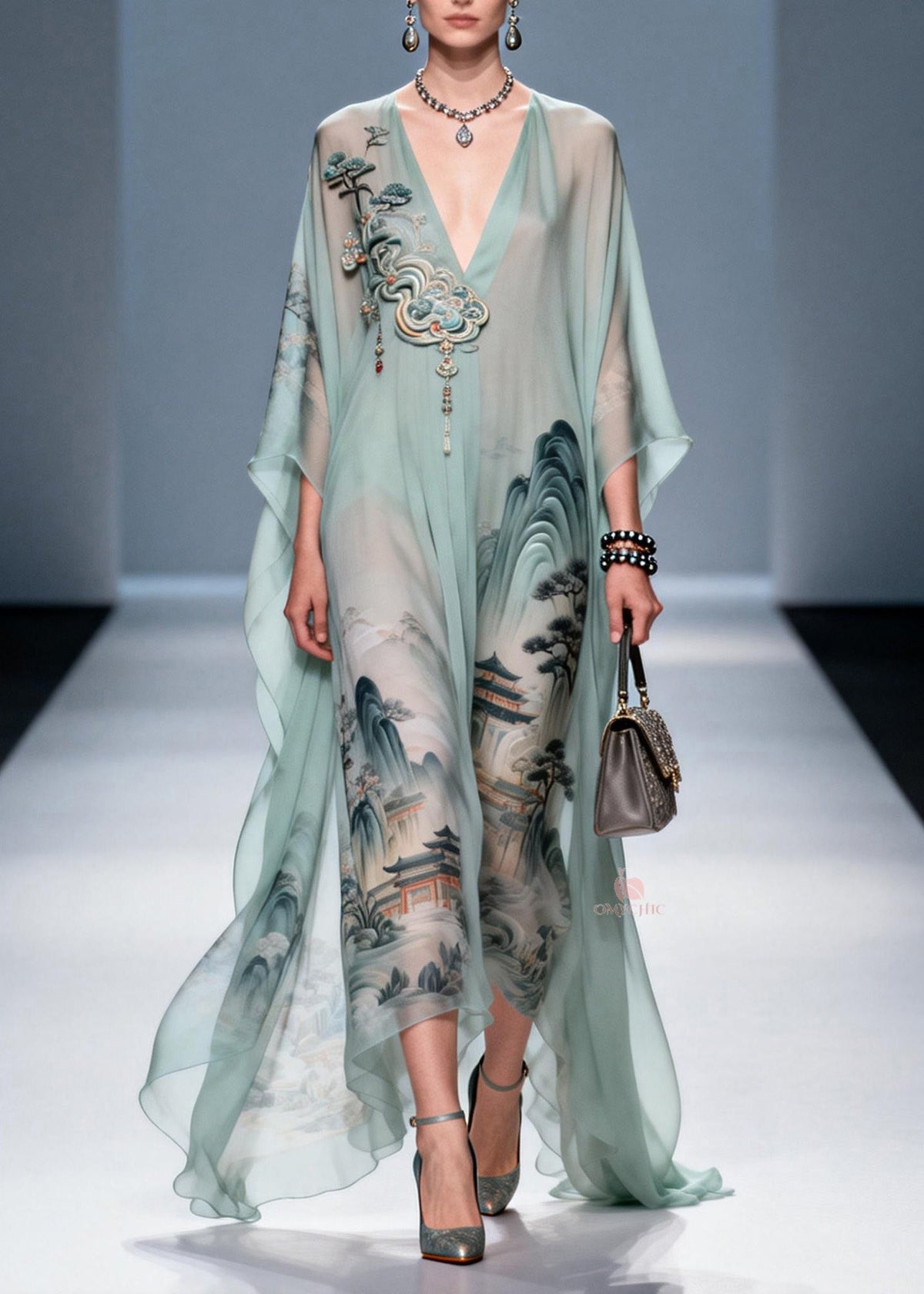 Landscape Print V-Neck Batwing Sleeve Embroidered Applique Chiffon Kaftan Maxi Dress 3