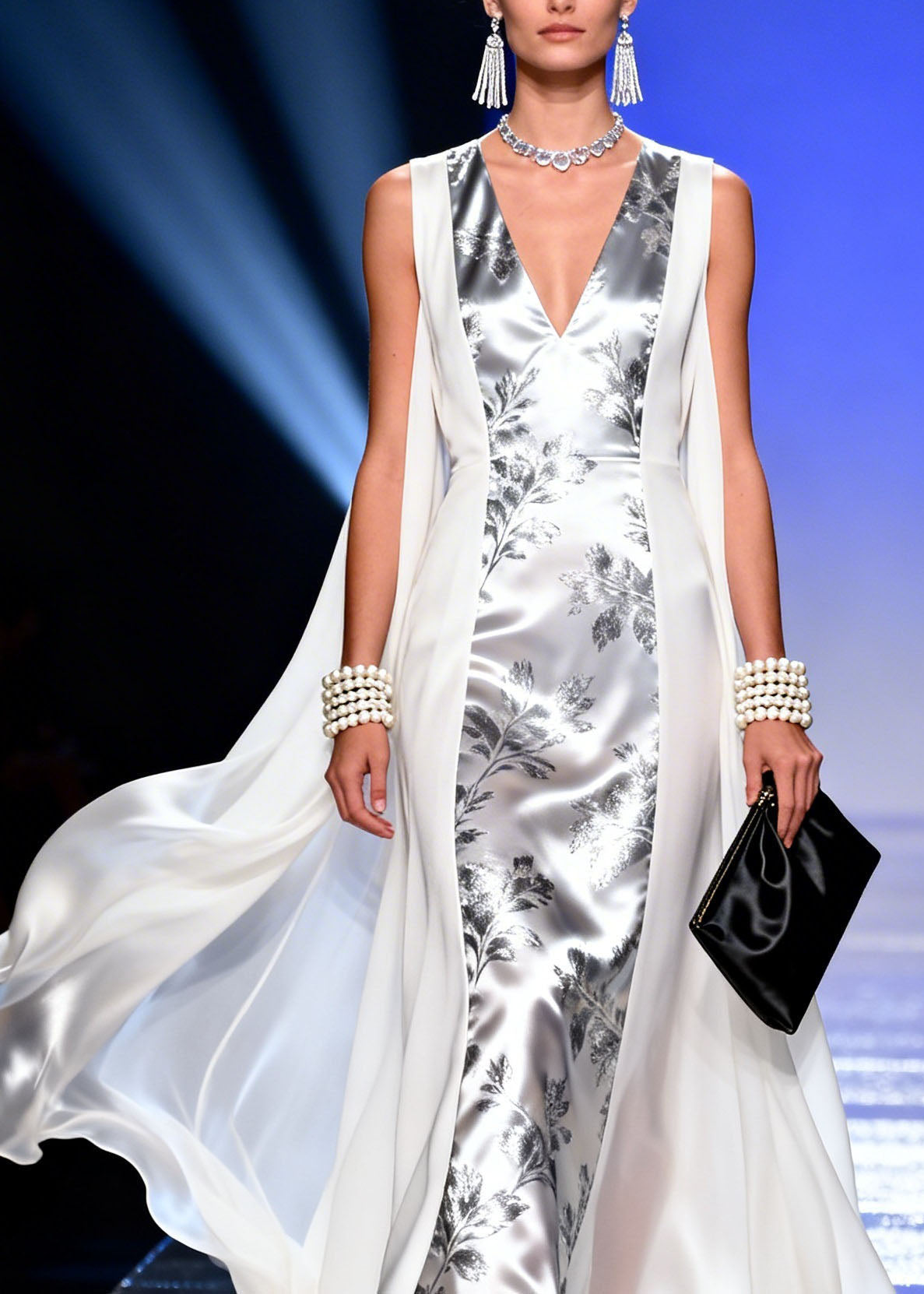 Metallic Floral Print Deep V-Neck Sleeveless Cape Panel Maxi Gown