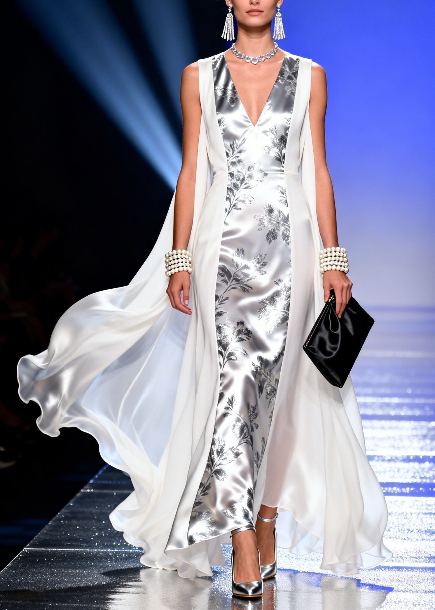 Metallic Floral Print Deep V-Neck Sleeveless Cape Panel Maxi Gown