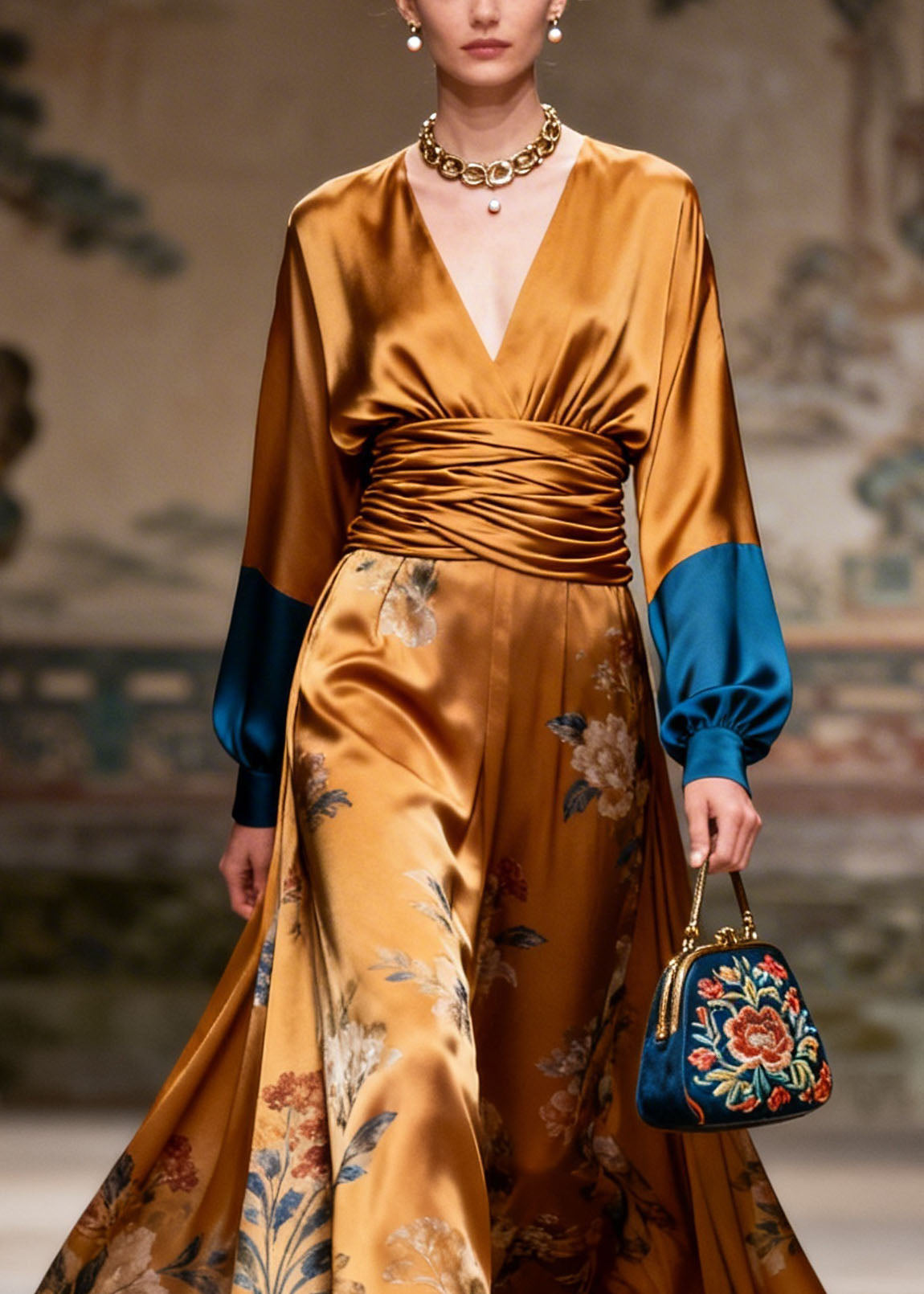 Satin Floral Deep V-Neck Bishop Sleeve Ruched Waist Wide Leg Jumpsuit
