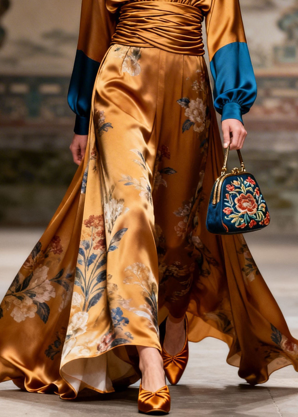 Original Design V Neck Print Patchwork Silk Long Dress