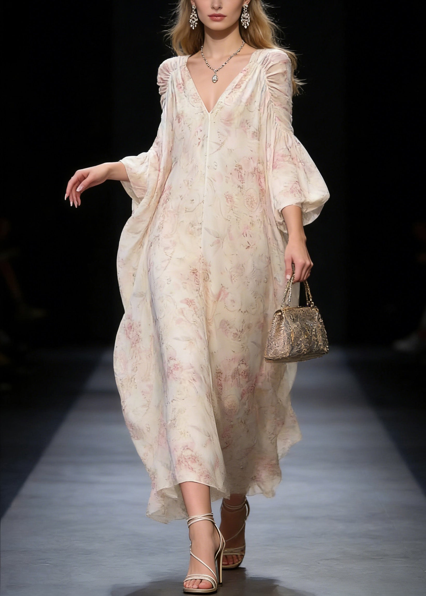 Floral Print Deep V-Neck Bishop Sleeve Ruched Shoulder Flowy Chiffon Maxi Gown