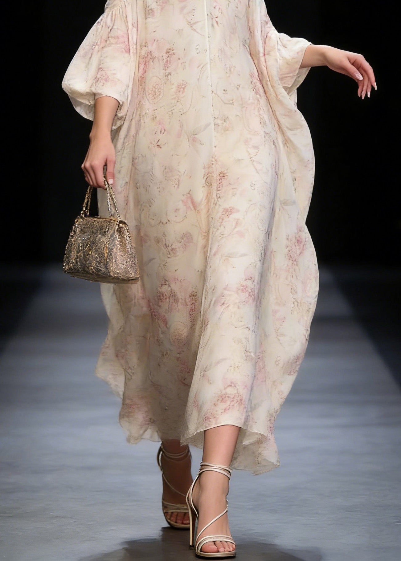 Floral Print Deep V-Neck Bishop Sleeve Ruched Shoulder Flowy Chiffon Maxi Gown