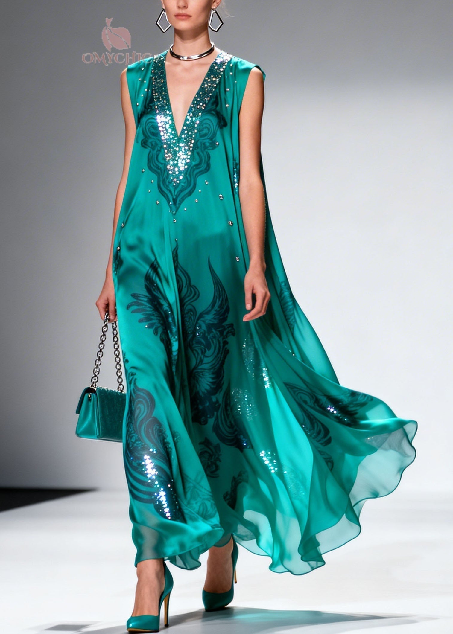 Sequin Trim Deep V-Neck Sleeveless Paisley Print Flowy Maxi Gown