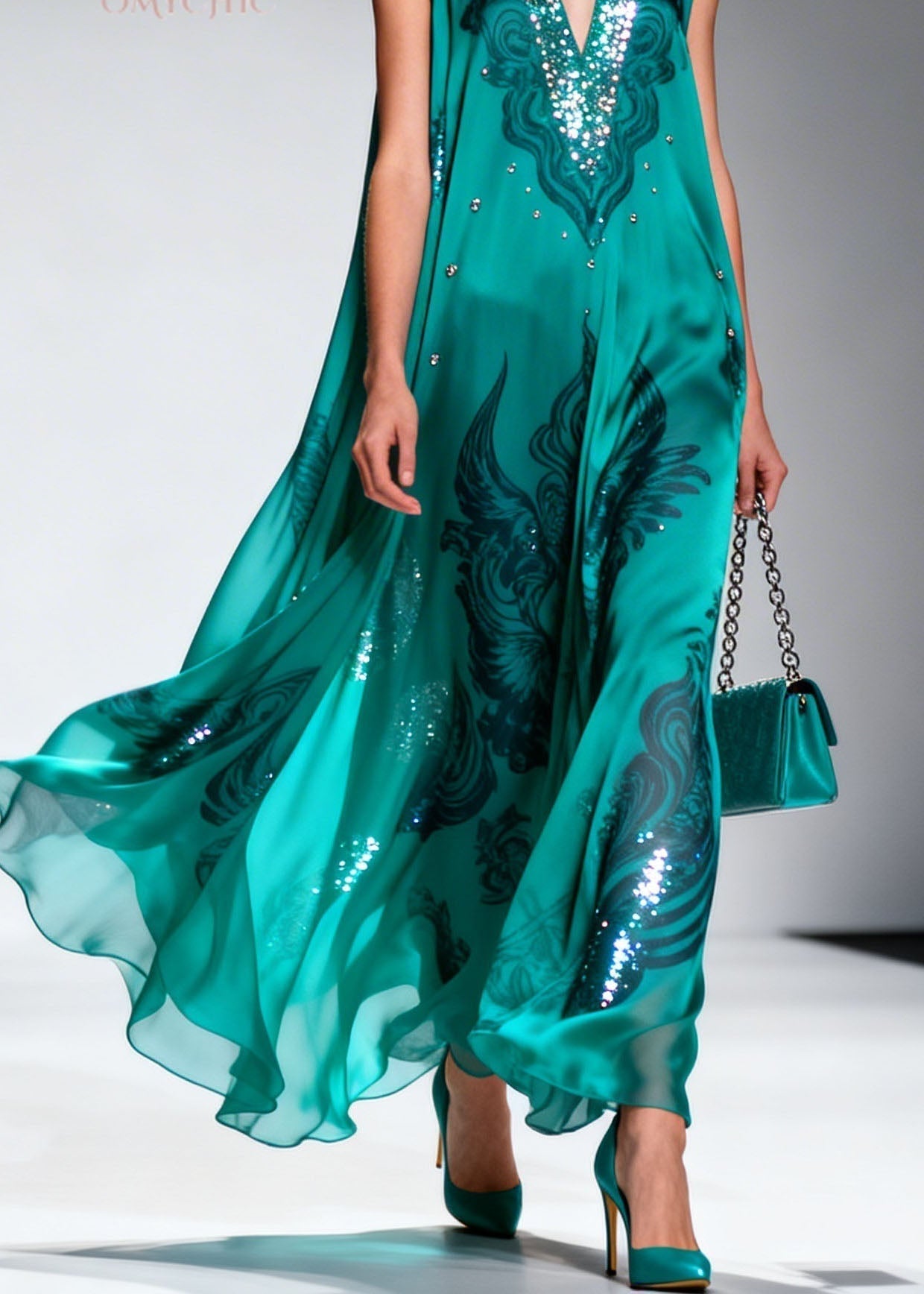 Sequin Trim Deep V-Neck Sleeveless Paisley Print Flowy Maxi Gown