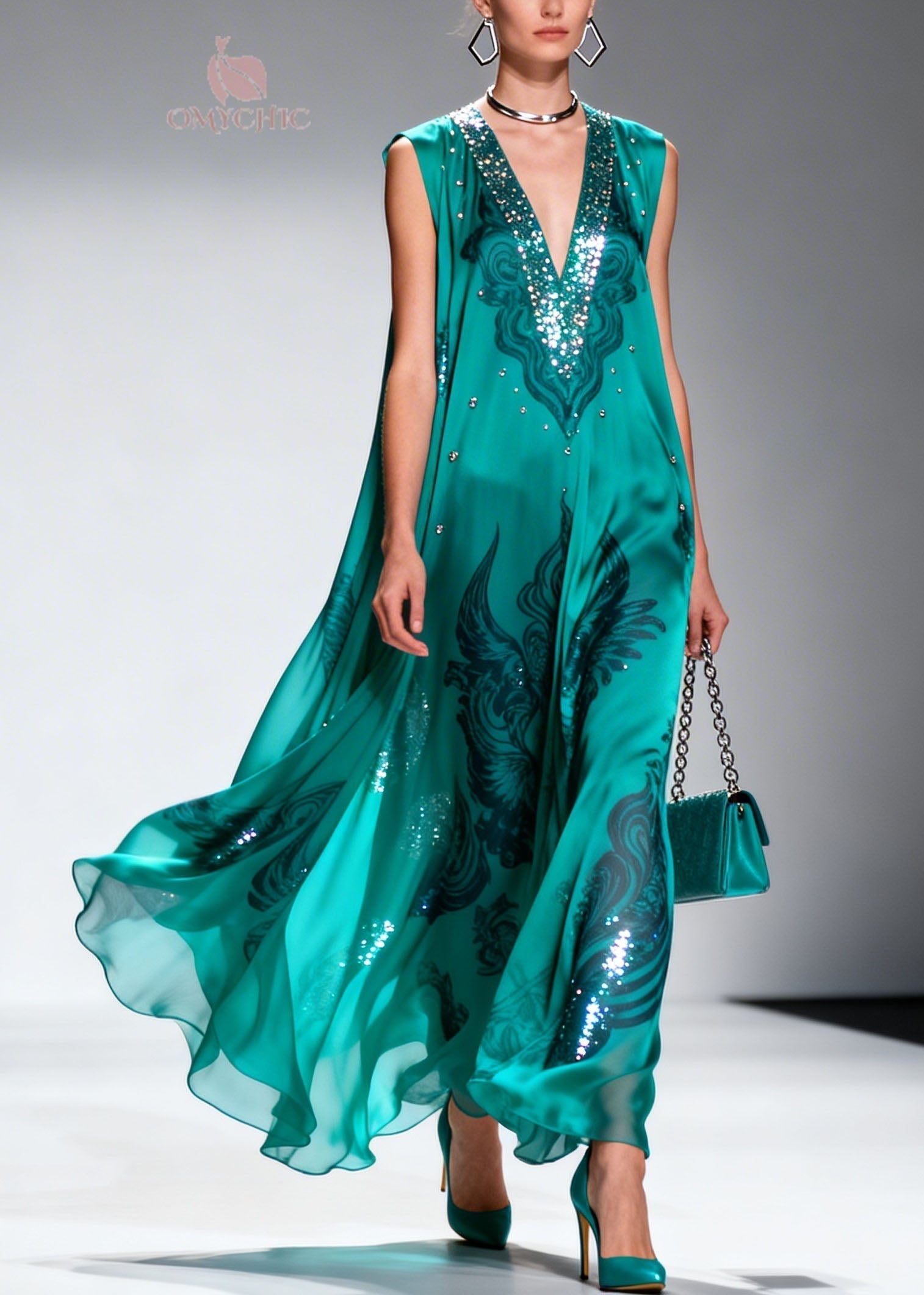 Sequin Trim Deep V-Neck Sleeveless Paisley Print Flowy Maxi Gown