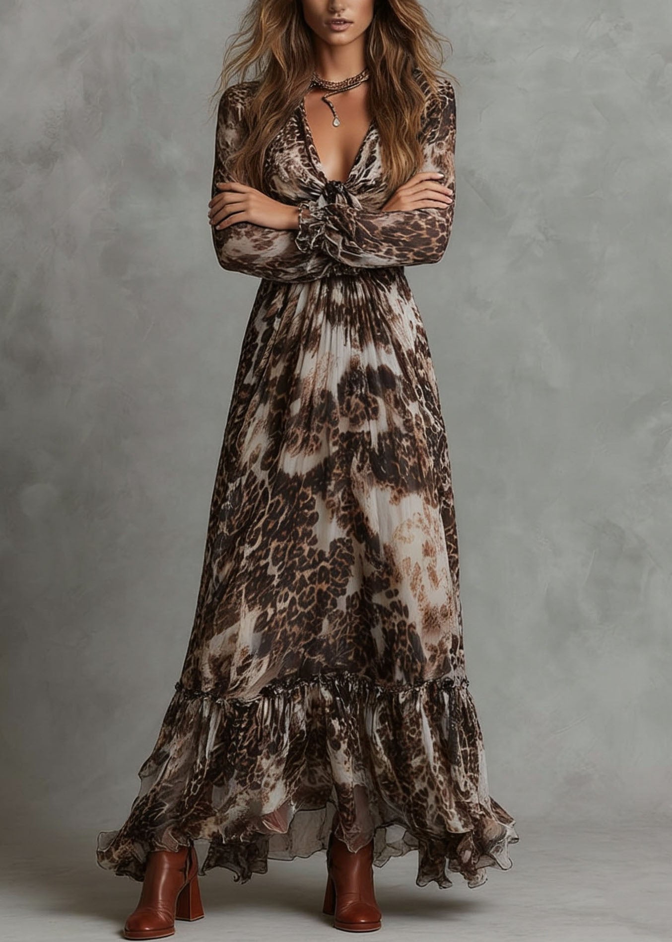 Original Design V Neck Ruffled Print Chiffon Dresses Summer 3