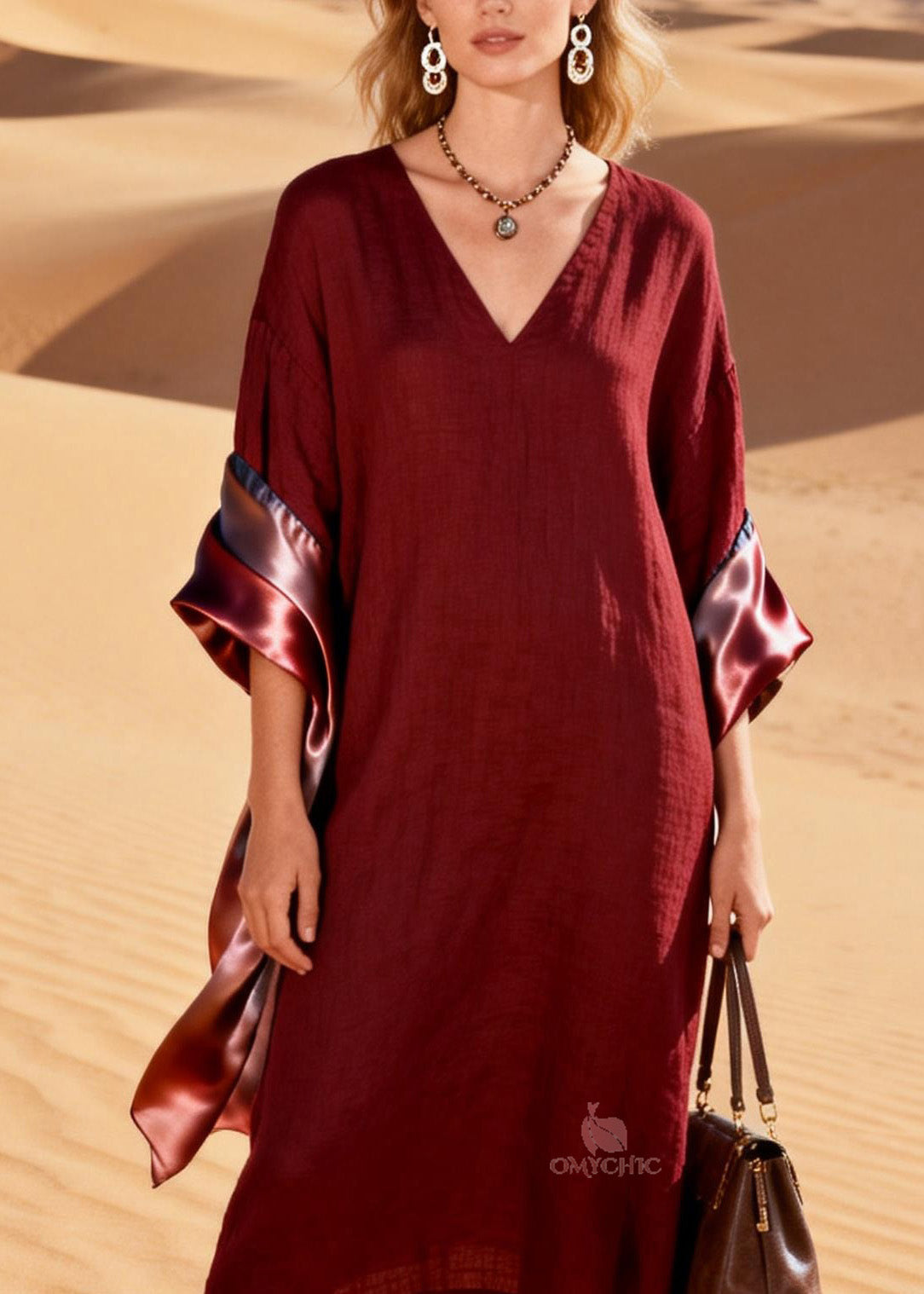 V-Neck Satin Lined Wide Kimono Sleeve Shift Midi Dress