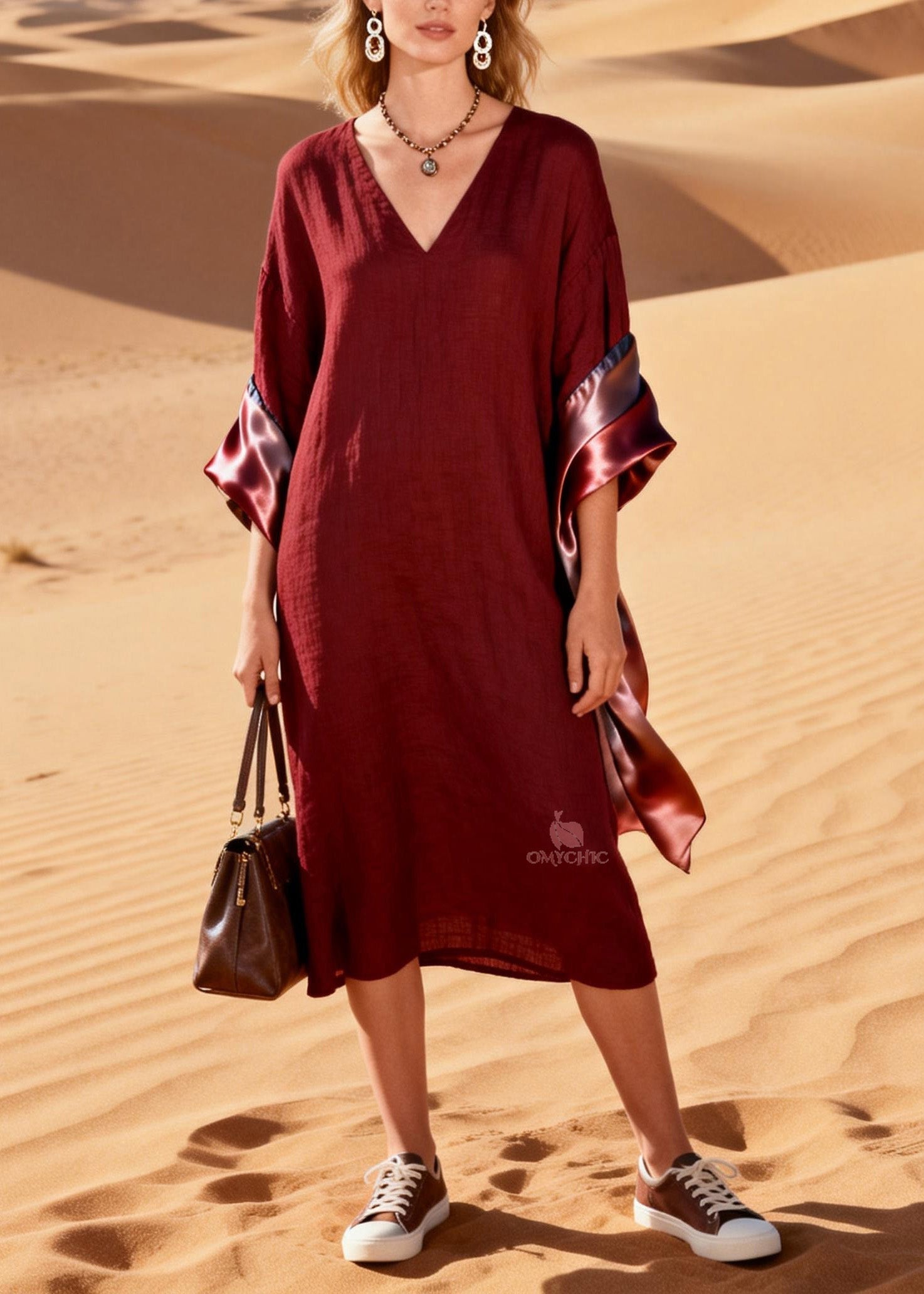 V-Neck Satin Lined Wide Kimono Sleeve Shift Midi Dress