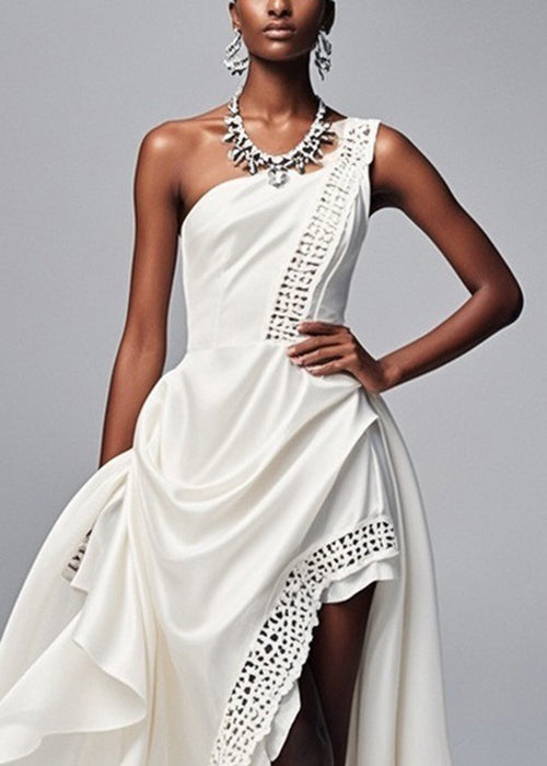 One Shoulder Asymmetrical Lace Panel Trim High Low Party Gown