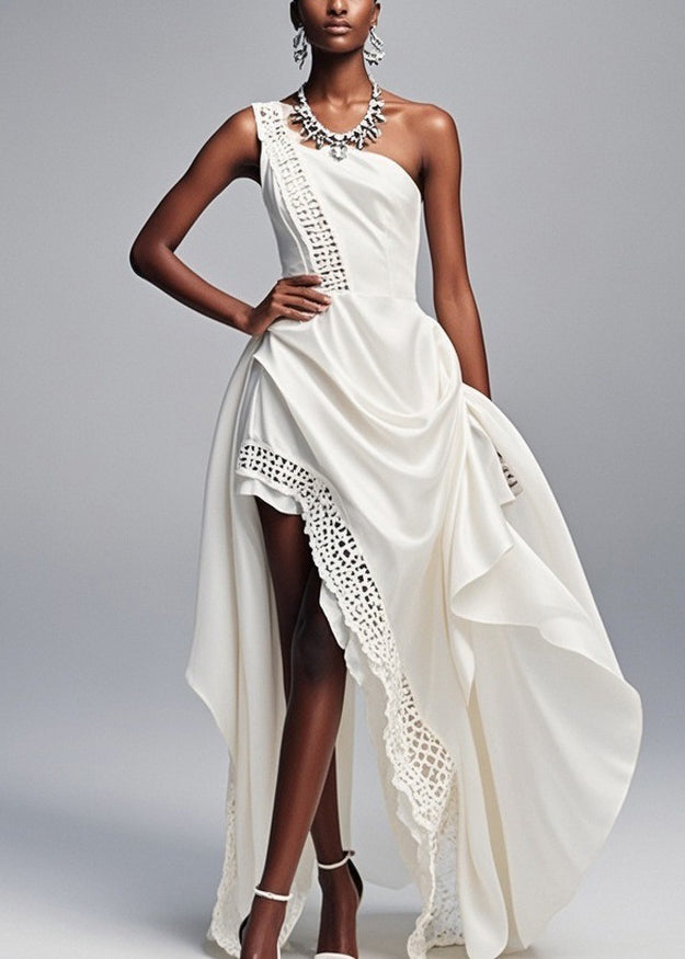 One Shoulder Asymmetrical Lace Panel Trim High Low Party Gown