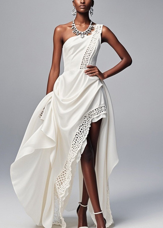 One Shoulder Asymmetrical Lace Panel Trim High Low Party Gown