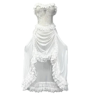 Lace Spaghetti Strap Corset Ruffle High Low Dress