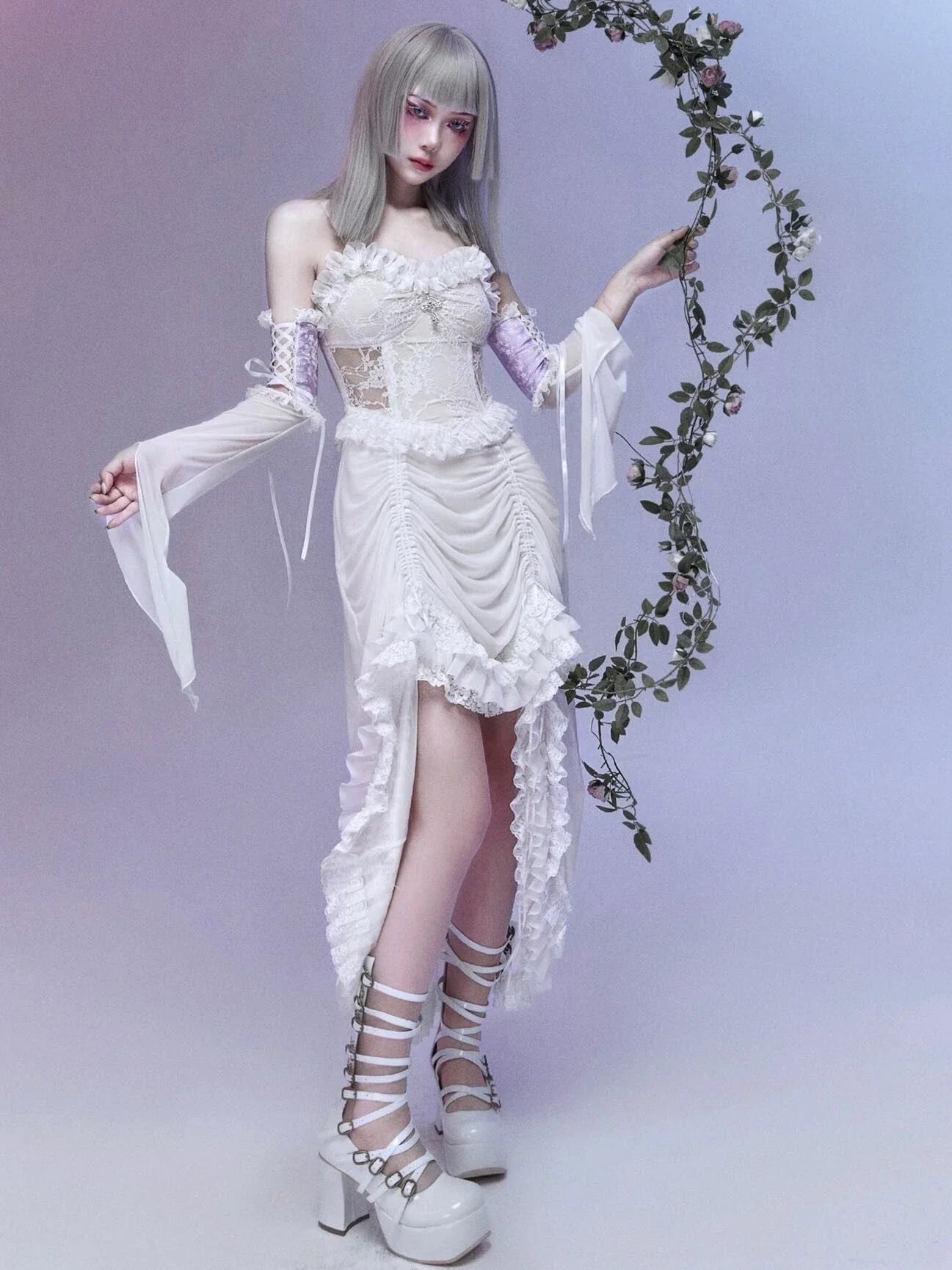 Lace Spaghetti Strap Corset Ruffle High Low Dress