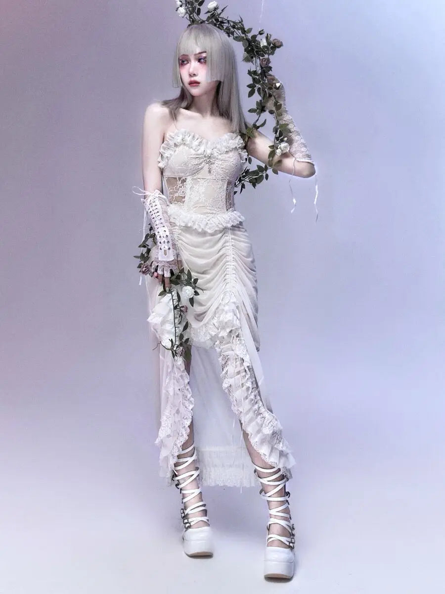 Lace Spaghetti Strap Corset Ruffle High Low Dress