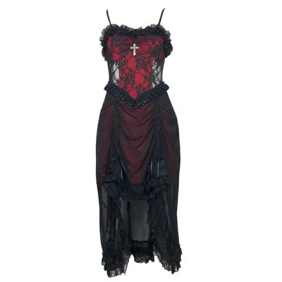 Lace Spaghetti Strap Corset Ruffle High Low Dress