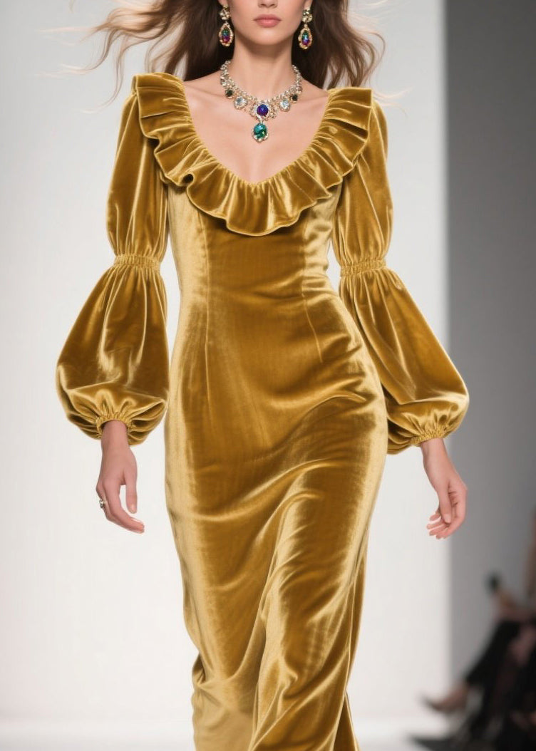 Original Design Yellow Ruffled Patchwork Velvet Long Dress Fall 2