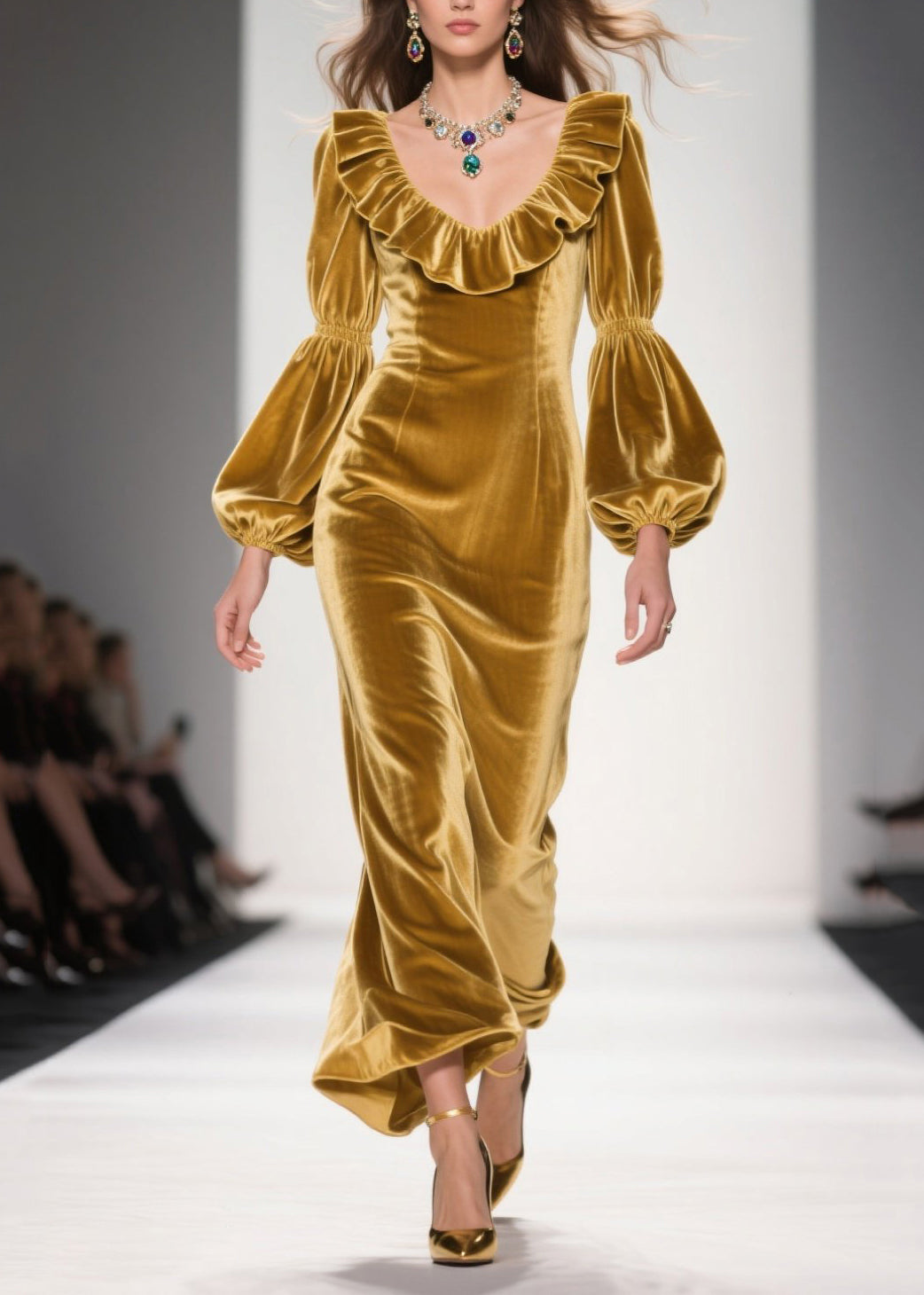 Original Design Yellow Ruffled Patchwork Velvet Long Dress Fall 3