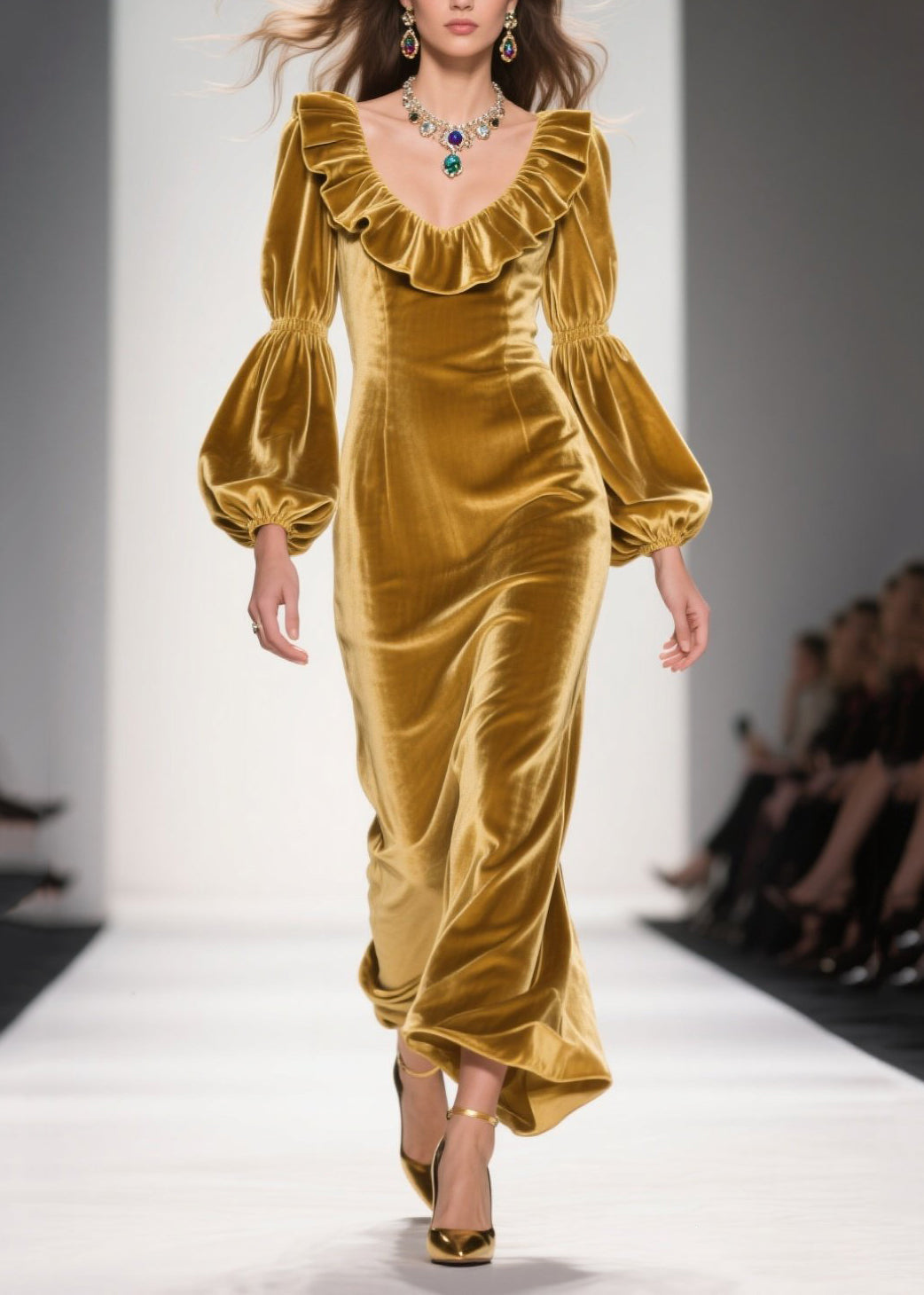 Original Design Yellow Ruffled Patchwork Velvet Long Dress Fall 5