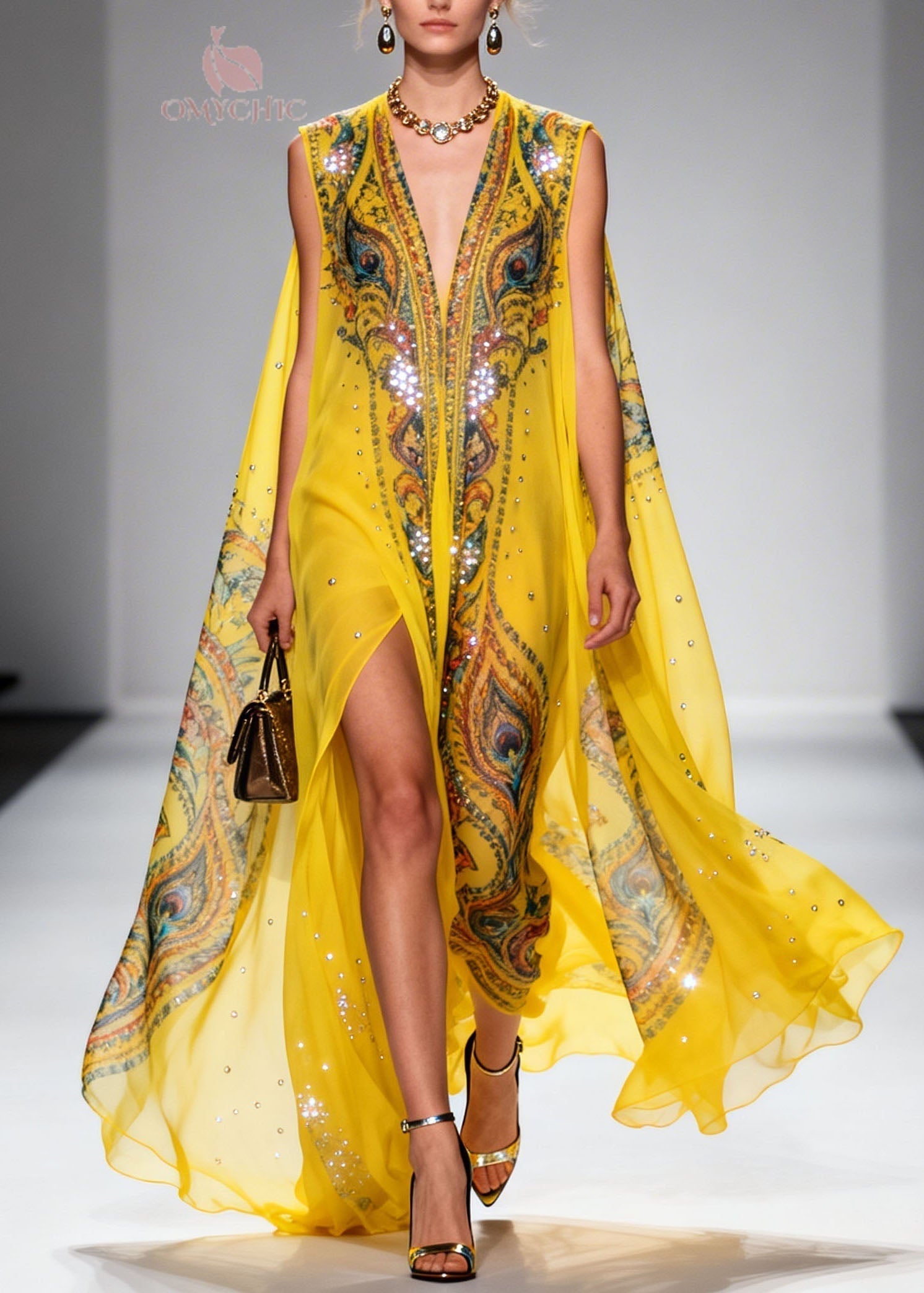 Chiffon Peacock Print Deep V-Neck Cape Sleeve Sequin Trim Maxi Dress
