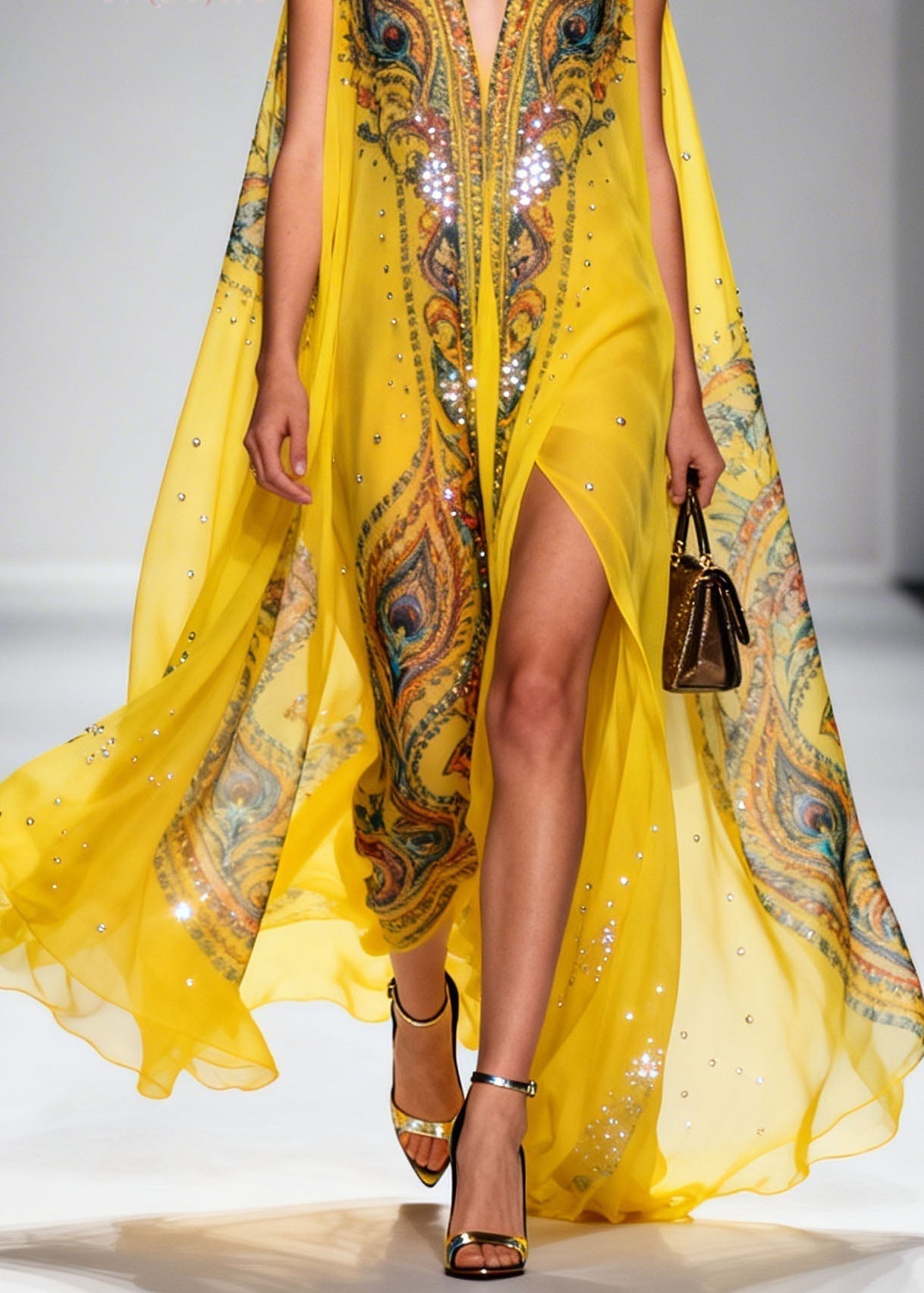Chiffon Peacock Print Deep V-Neck Cape Sleeve Sequin Trim Maxi Dress