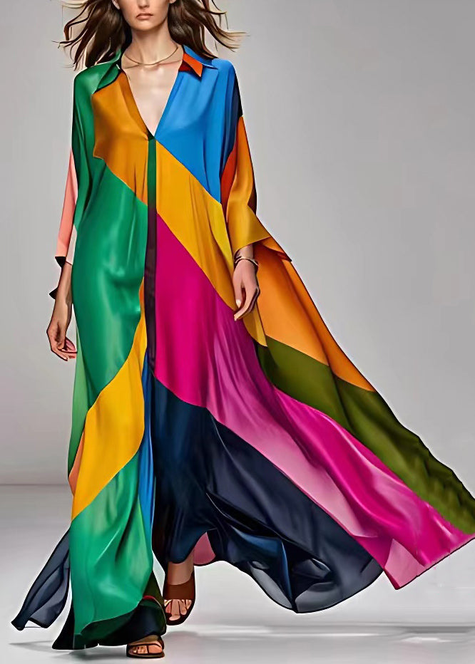 Color Block Satin Collared V-Neck Long Sleeve Flowy Kaftan Maxi Dress
