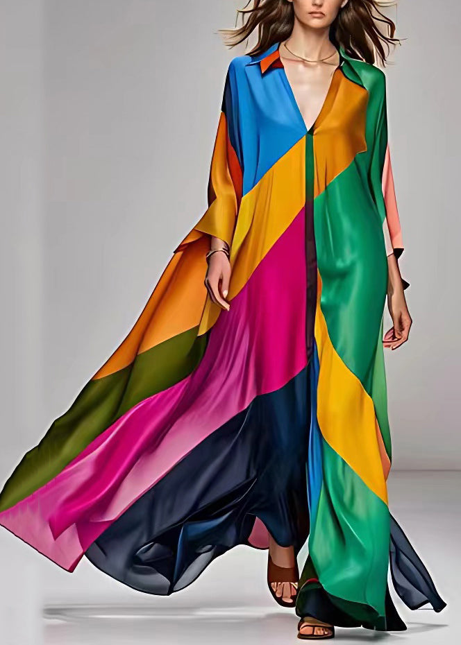 Original Green V Neck Patchwork Silk Maxi Dress Long Sleeve - View 2