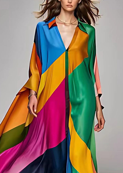 Original Green V Neck Patchwork Silk Maxi Dress Long Sleeve - View 3