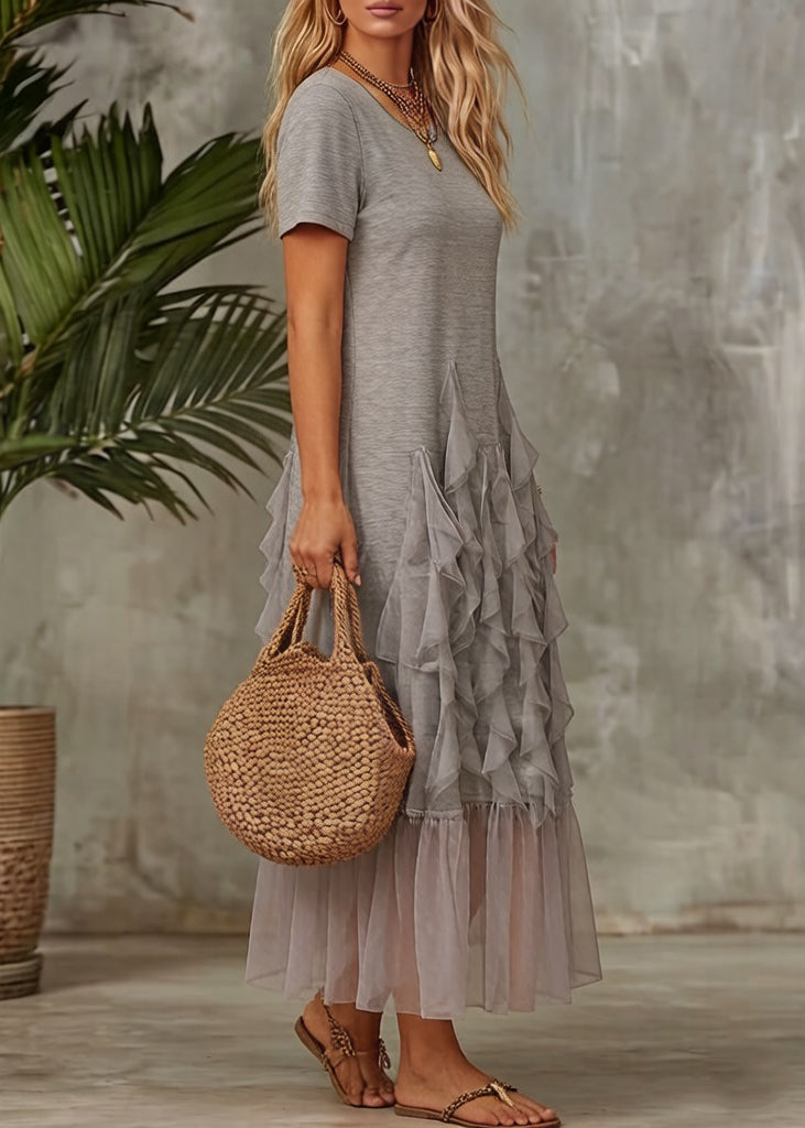 Original Grey Ruffled Tulle Patchwork T Shirt Dress Summer 2