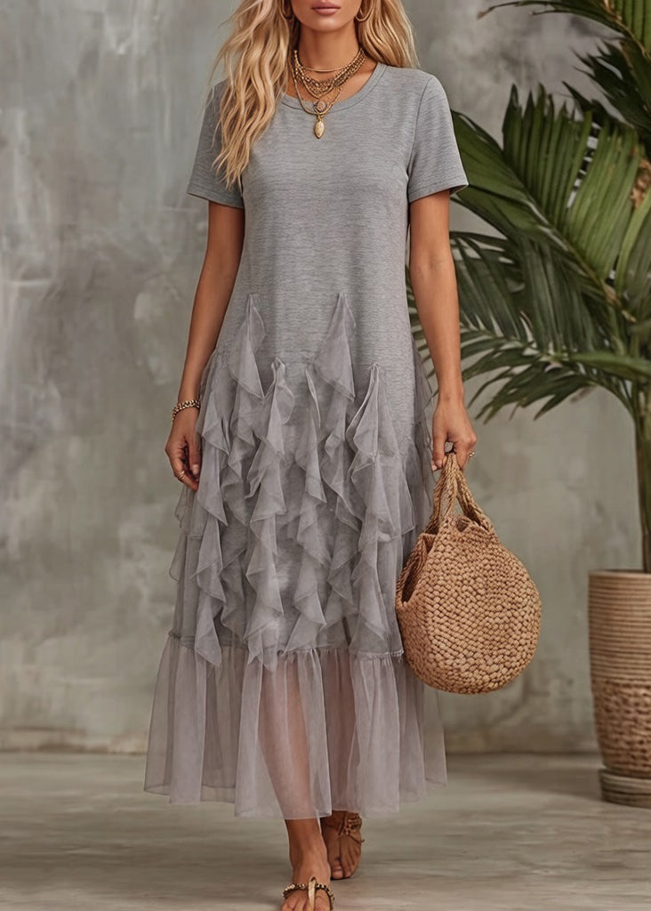Original Grey Ruffled Tulle Patchwork T Shirt Dress Summer 4