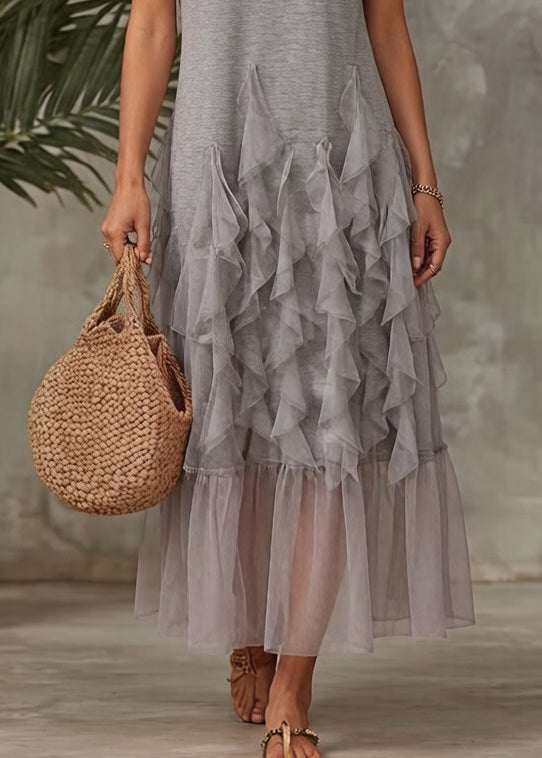 Original Grey Ruffled Tulle Patchwork T Shirt Dress Summer 5