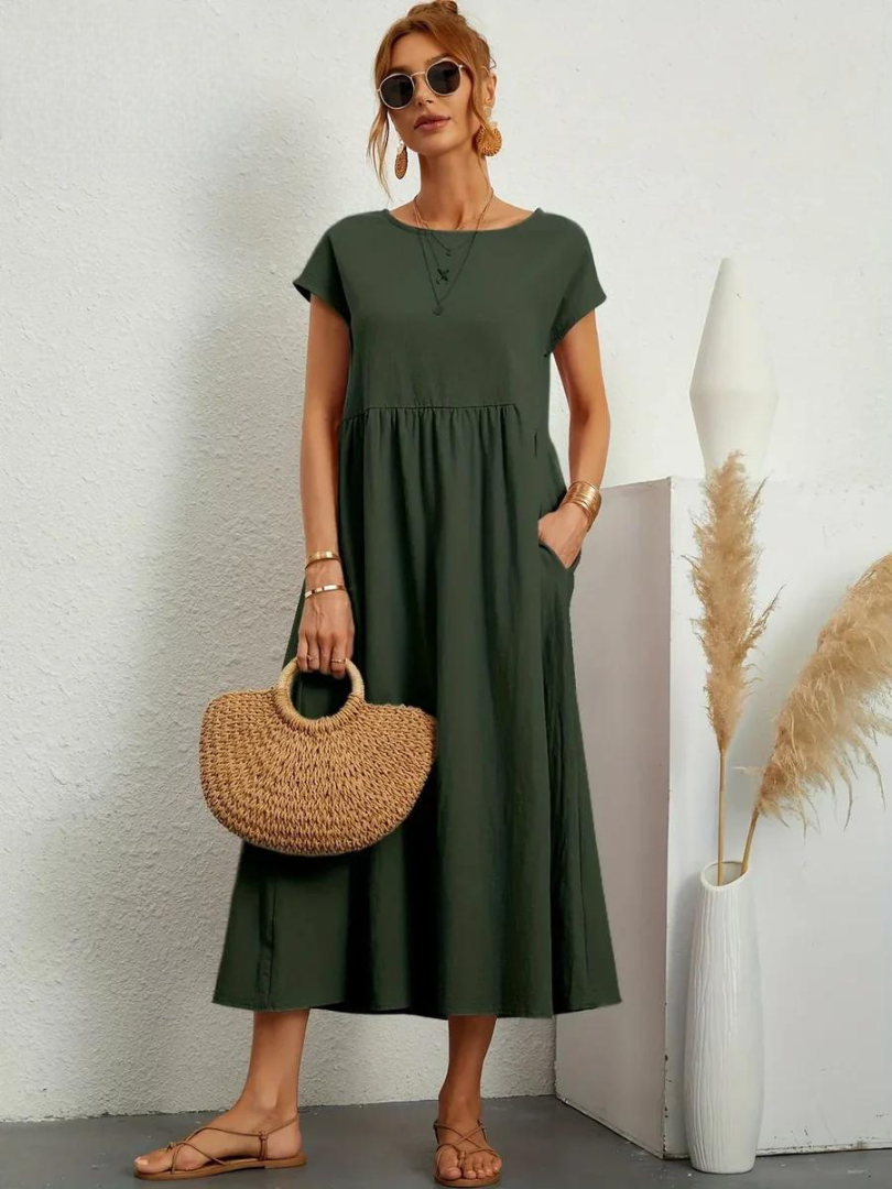 Maelis - Women's Loose Cotton Pocket Dress Military Green