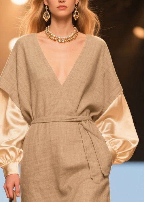 V-Neck Tie Waist Woven Satin Puff Sleeve Mini Dress