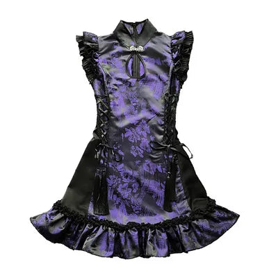 Jacquard Mandarin Collar Keyhole Lace Up Harness Strap Ruffle Mini Dress