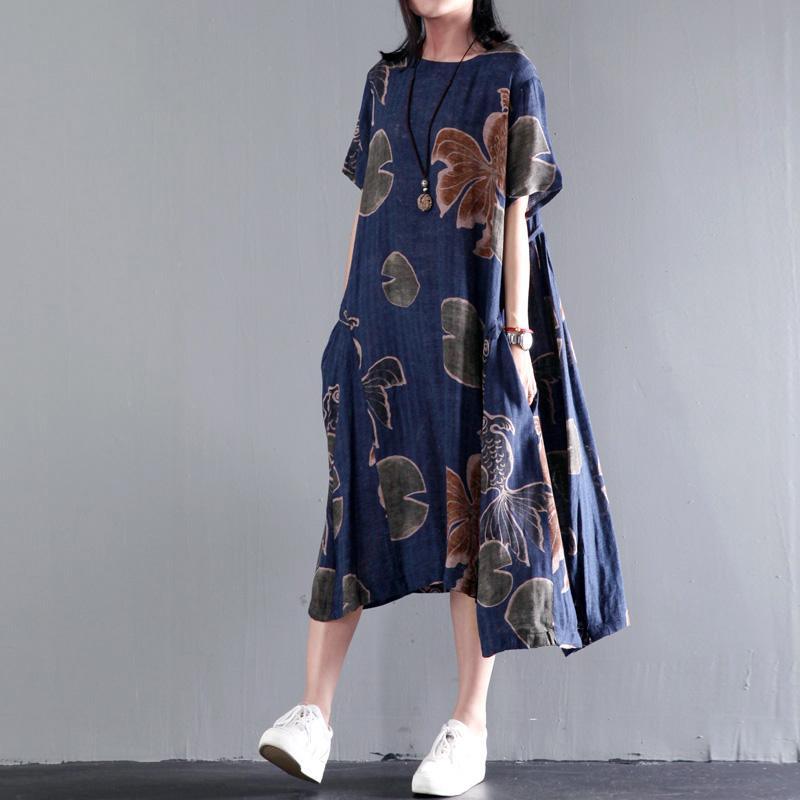 Original Navy floral print linen sundress plus size summer gown - View 2