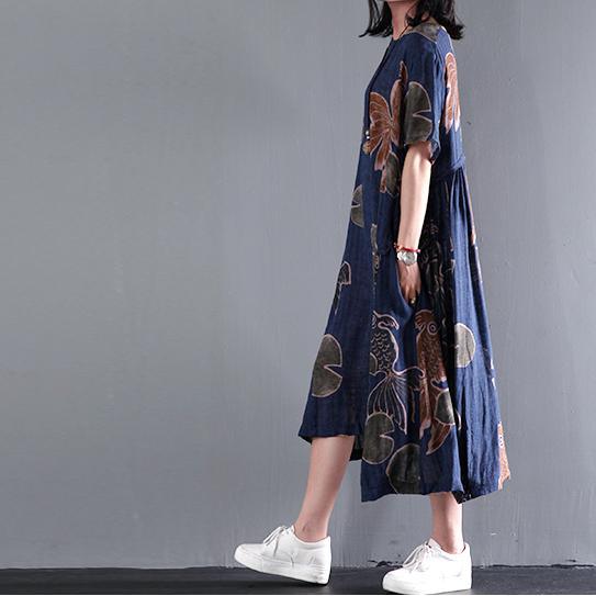 Original Navy floral print linen sundress plus size summer gown - View 3