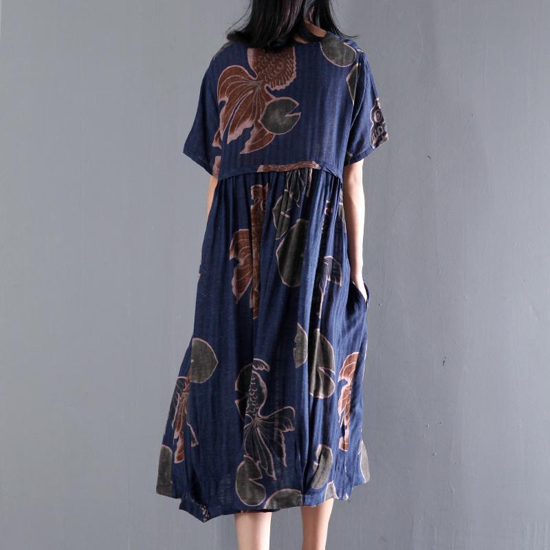 Original Navy floral print linen sundress plus size summer gown - View 4