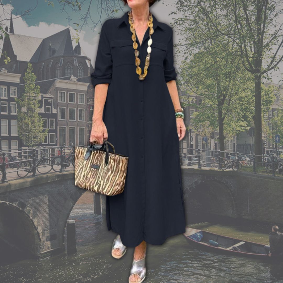 Collar Button Front Flap Pocket Long Sleeve Woven Maxi Shirt Dress