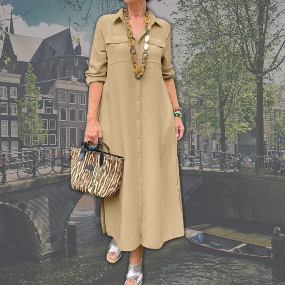 Collar Button Front Flap Pocket Long Sleeve Woven Maxi Shirt Dress