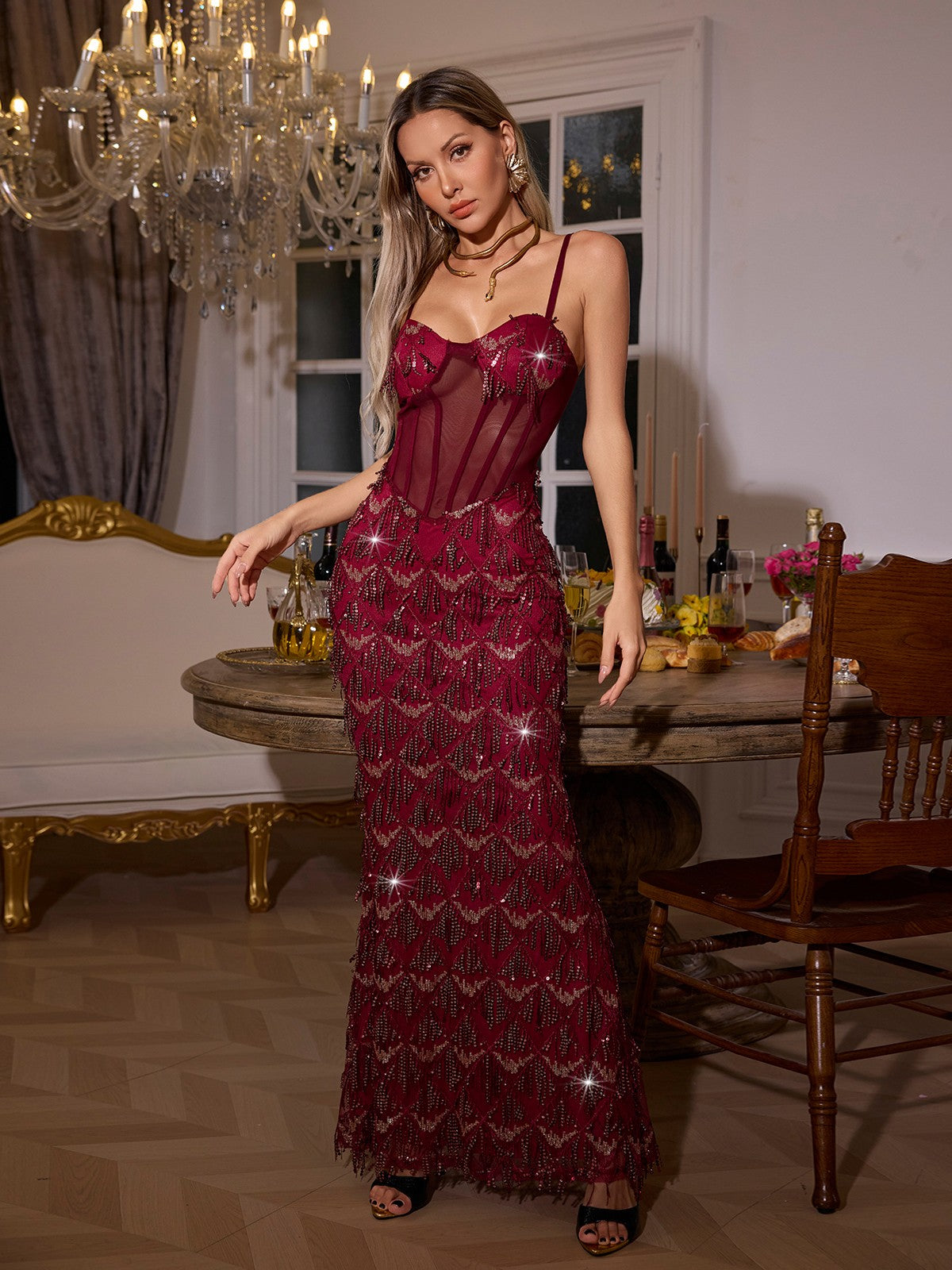 Sequin Fringe Maxi Dress In Red - View 5