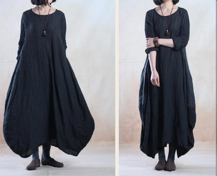 Oversize black linen maxi dress long holiday causal dress