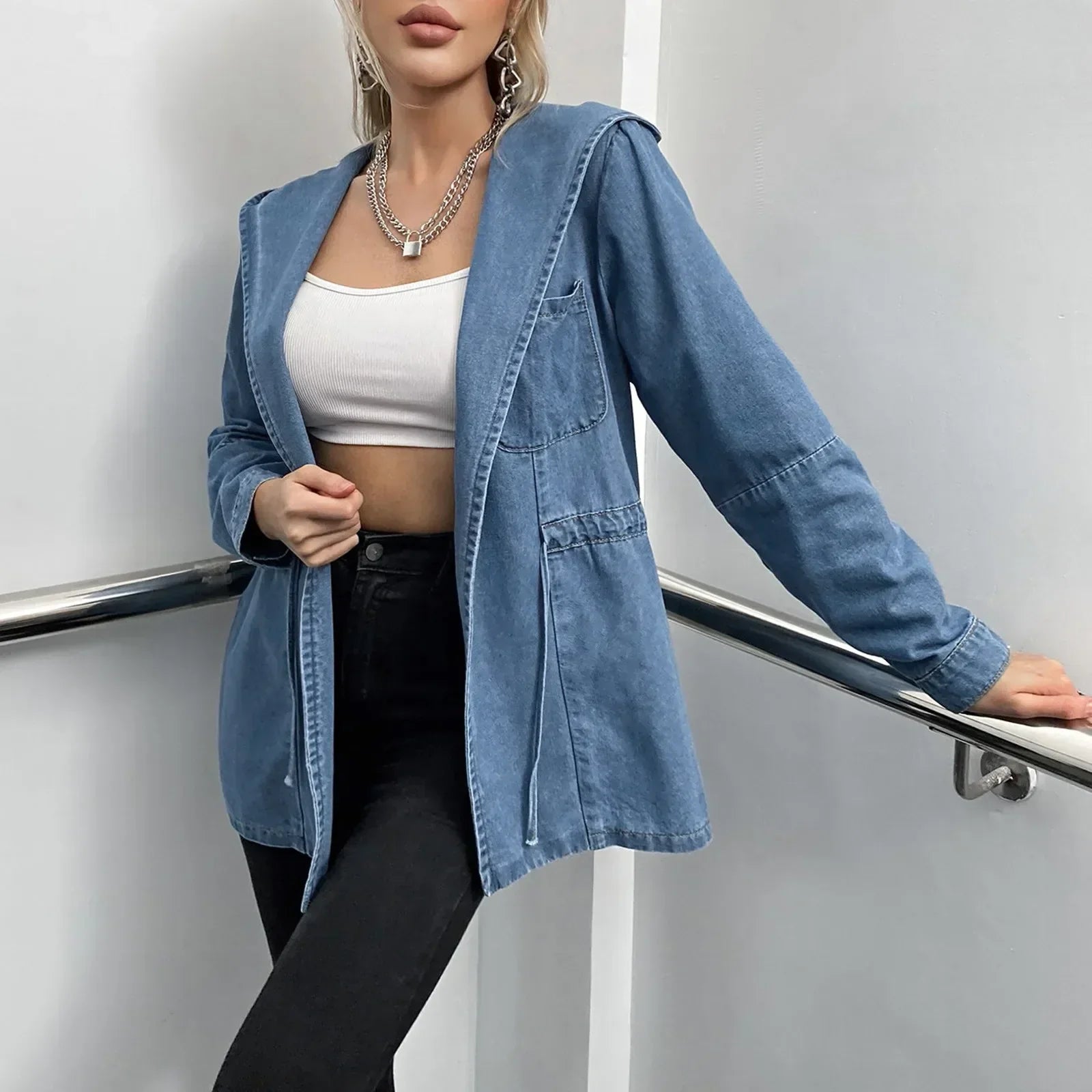 Hooded Wide-Leg Denim Jeans